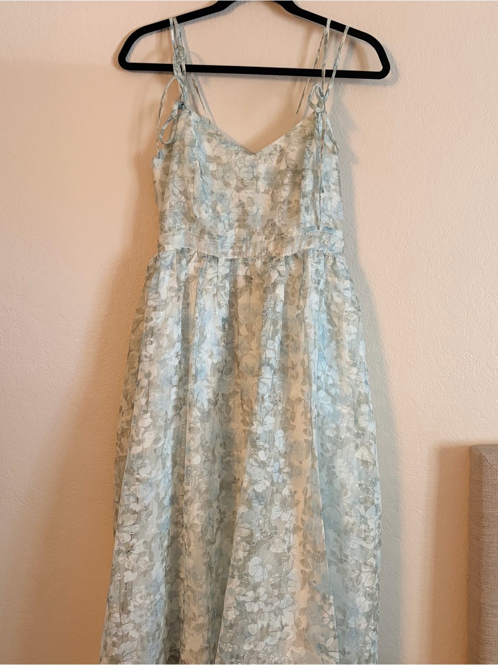 Lush Light Blue Floral Dress with Adjustable Spaghetti Tie Straps